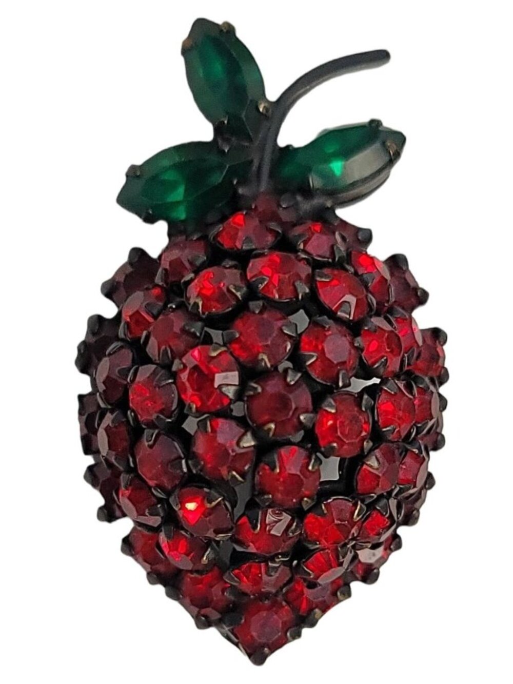 Vintage Warner Red Rhinestone Strawberry Fruit Brooch Pin Japanned Back, Signed